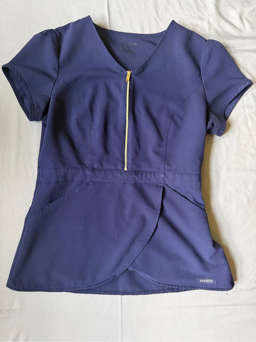 Jaanuu Navy Short-Sleeve Zip Front Scrub Top